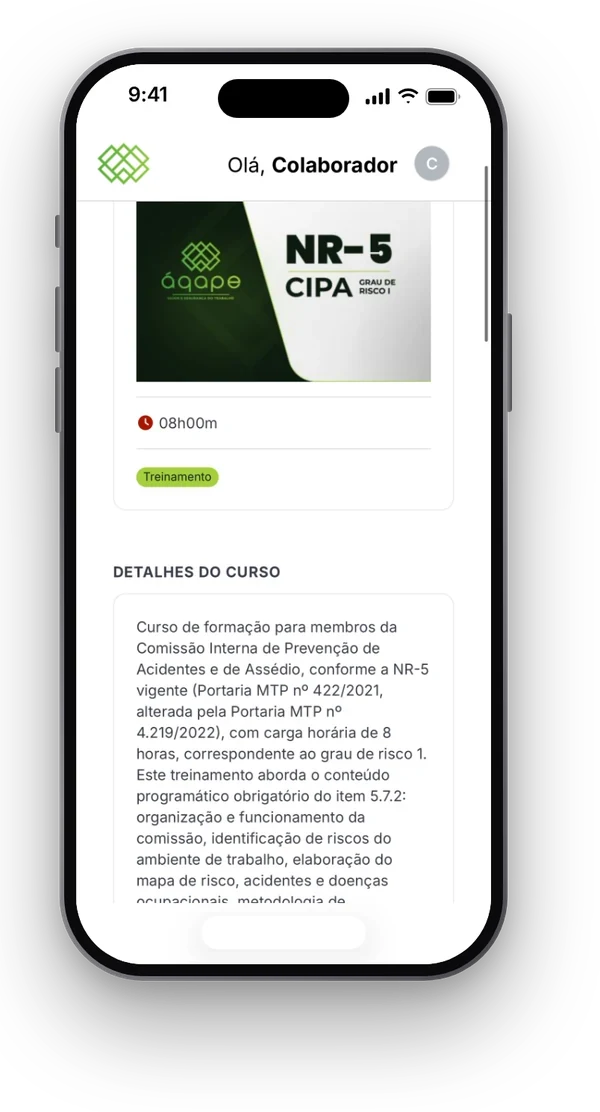 Plataforma de Treinamentos Digital da Ágape aberta no celular